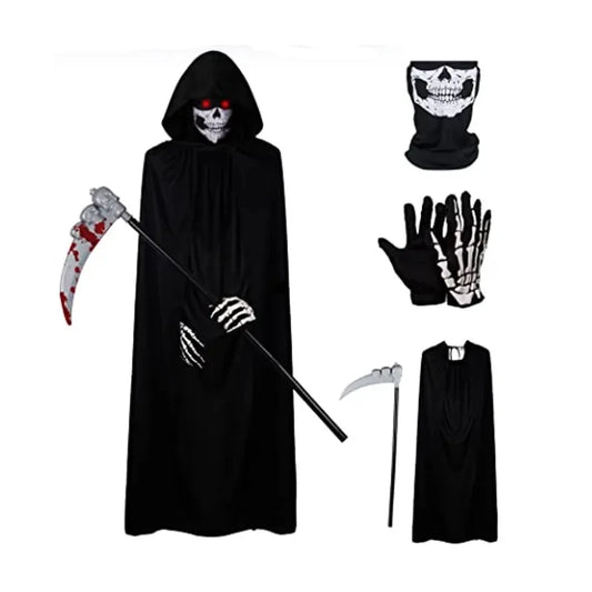 2025 Halloween cosplay costume: Grim Reaper, terrifying skeleton costume for children, adult Grim Reaper, ghost robe, and sickle