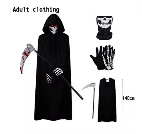 2025 Halloween cosplay costume: Grim Reaper, terrifying skeleton costume for children, adult Grim Reaper, ghost robe, and sickle